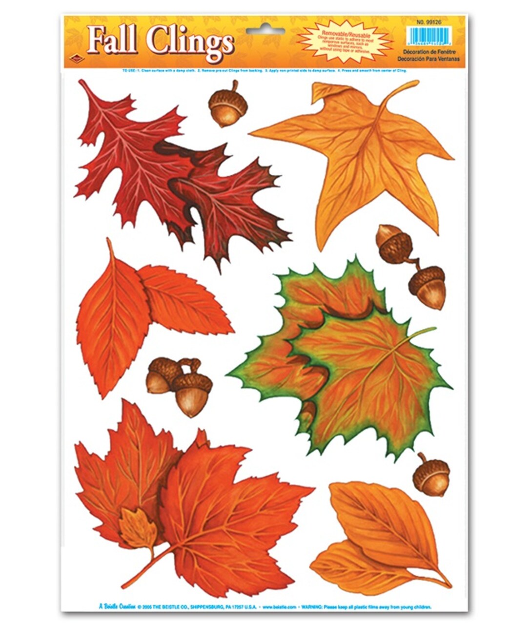 Beistle Club Pack of 120 Autumn Leaves and Acorns Fall Window Clings 17"